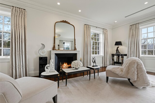 2 Fargo Ln, Irvington, NY 10533 - living room with healthy amount of natural light, baseboards, a warm lit fireplace, ornamental molding, and recessed lighting