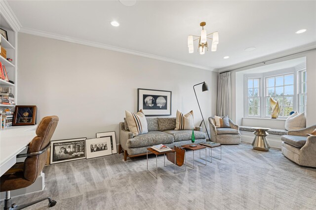 2 Fargo Ln, Irvington, NY 10533 - living room with ornamental molding, a desk, a chandelier, and recessed lighting