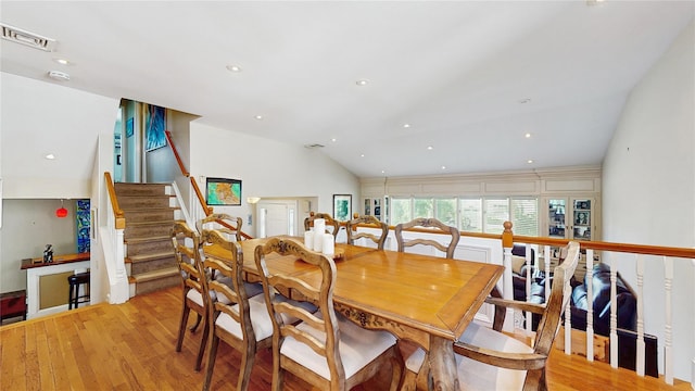 3359 Knight St, Oceanside, NY 11572 - dining area featuring visible vents, stairway, light wood finished floors, lofted ceiling, and recessed lighting