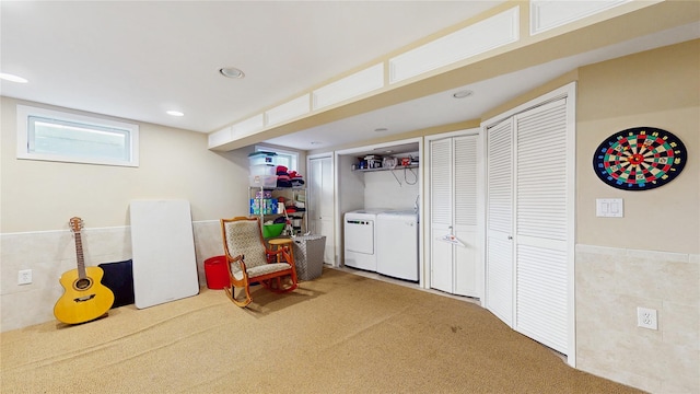 3359 Knight St, Oceanside, NY 11572 - interior space featuring carpet floors, a wainscoted wall, tile walls, and washer and dryer