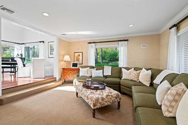 living room with visible vents, a healthy amount of sunlight, and crown molding
