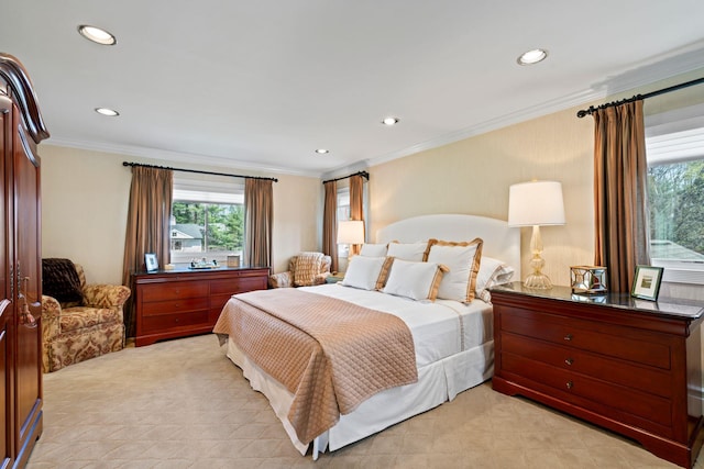 bedroom featuring recessed lighting, ornamental molding, and multiple windows
