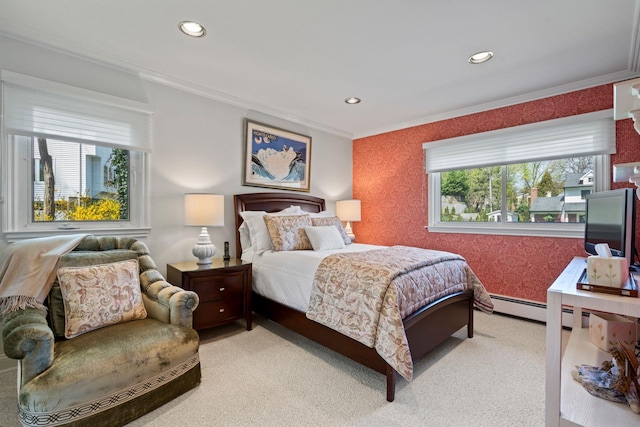 bedroom with recessed lighting, ornamental molding, wallpapered walls, and multiple windows