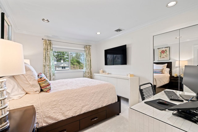 bedroom featuring visible vents, recessed lighting, and ornamental molding