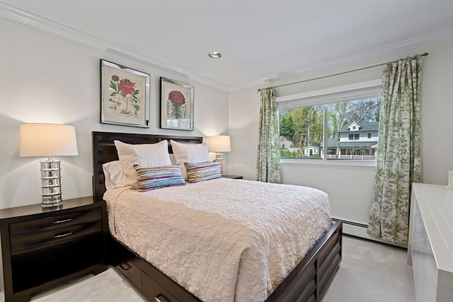 bedroom with ornamental molding, recessed lighting, a baseboard heating unit, and light colored carpet