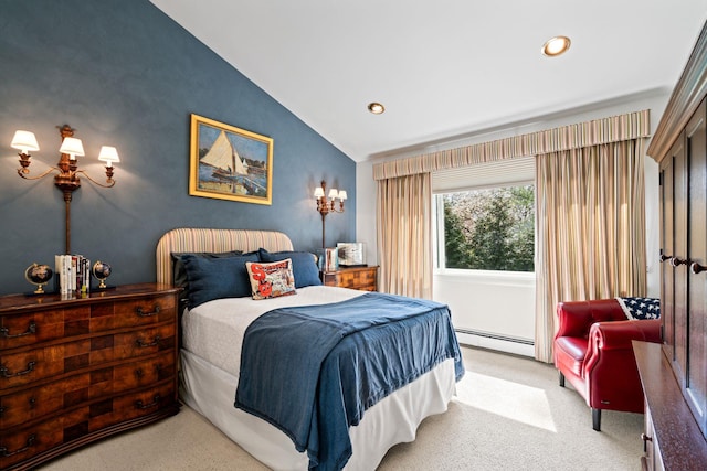 bedroom with recessed lighting, vaulted ceiling, carpet floors, and a baseboard radiator