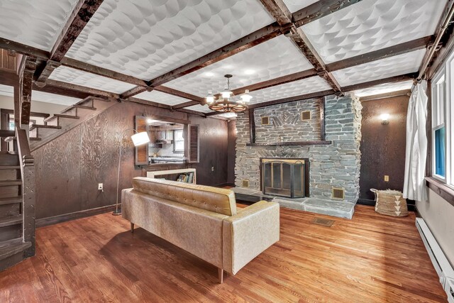 85 Woodard Rd, Parksville, NY 12768 - living area featuring baseboard heating, wood finished floors, coffered ceiling, a fireplace, and beamed ceiling