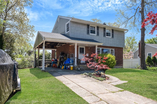 7 Hedge Ln, Centereach, NY 11720 - view of front of property with driveway, a carport, brick siding, fence, and a front lawn