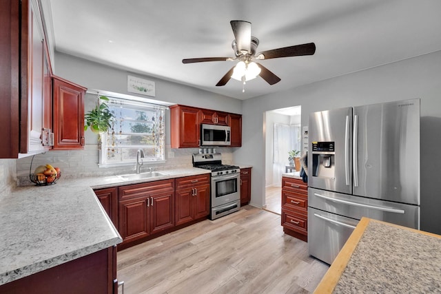 7 Hedge Ln, Centereach, NY 11720 - kitchen featuring dark brown cabinets, light countertops, a sink, appliances with stainless steel finishes, and backsplash