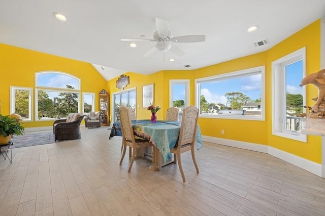 10 Delta Rd, Massapequa, NY 11758 - dining room featuring baseboards, a ceiling fan, light wood-type flooring, recessed lighting, and lofted ceiling