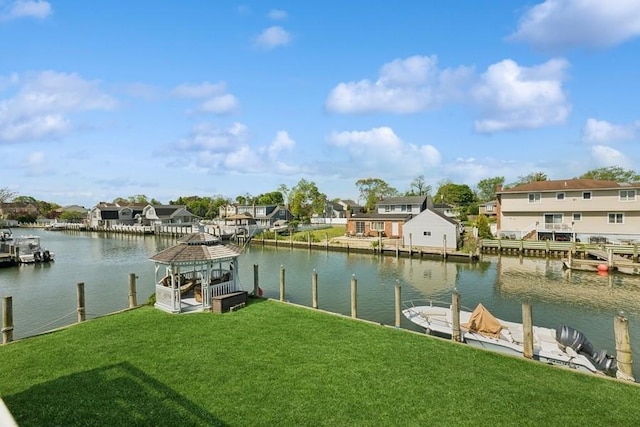 10 Delta Rd, Massapequa, NY 11758 - dock area with a gazebo, a residential view, a water view, and a lawn