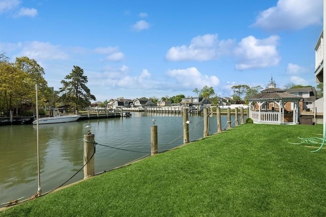10 Delta Rd, Massapequa, NY 11758 - dock featuring a gazebo, a yard, and a water view