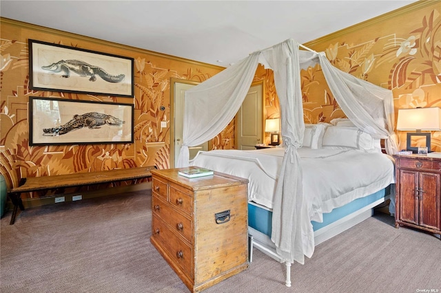 carpeted bedroom with ornamental molding and wallpapered walls