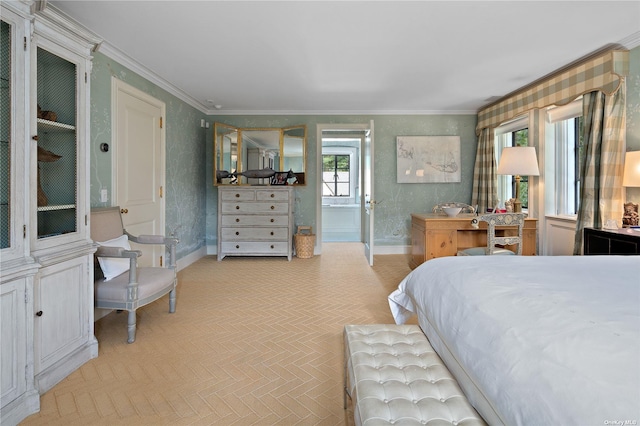 bedroom with baseboards, ornamental molding, and wallpapered walls