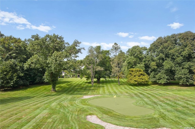 surrounding community featuring view of golf course and a yard