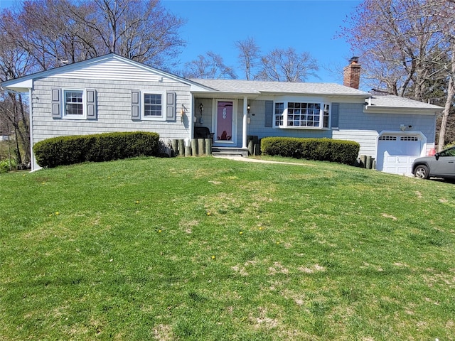 single story home with a garage, a front lawn, and a chimney