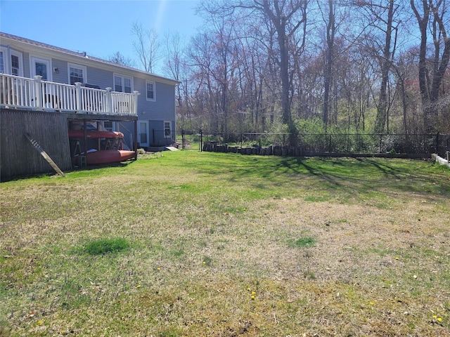 view of yard with fence and a deck