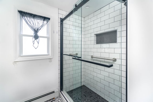 bathroom featuring a stall shower and a baseboard radiator