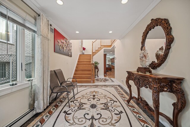 154-60 Riverside Dr, Whitestone, NY 11357 - corridor featuring baseboards, recessed lighting, baseboard heating, stairway, and crown molding