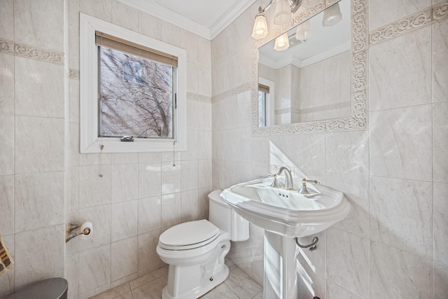 154-60 Riverside Dr, Whitestone, NY 11357 - half bathroom with tile walls, toilet, ornamental molding, and tile patterned floors