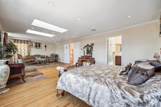 154-60 Riverside Dr, Whitestone, NY 11357 - bedroom with a skylight, wood finished floors, recessed lighting, and crown molding
