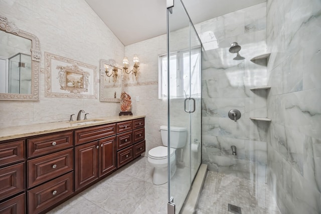 154-60 Riverside Dr, Whitestone, NY 11357 - full bath with vaulted ceiling, a stall shower, vanity, tile walls, and toilet