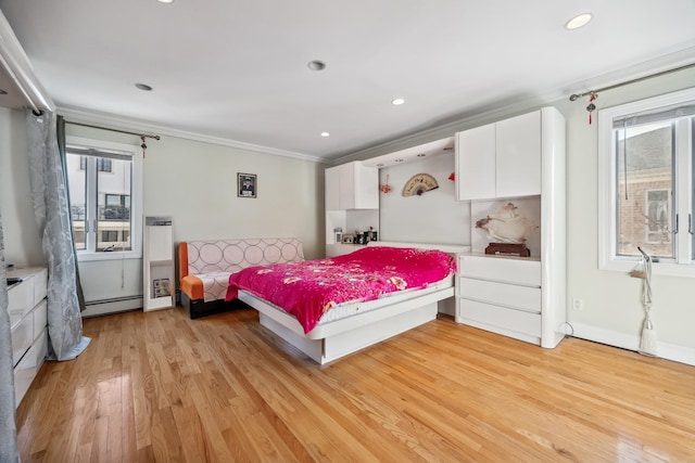 154-60 Riverside Dr, Whitestone, NY 11357 - bedroom with light wood-style floors, ornamental molding, baseboard heating, and multiple windows