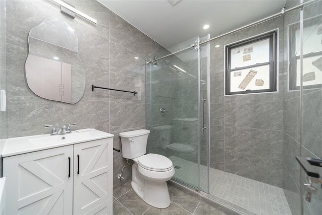 3405 Corporal Kennedy St, Bayside, NY 11361 - bathroom featuring toilet, tile walls, a shower stall, and vanity