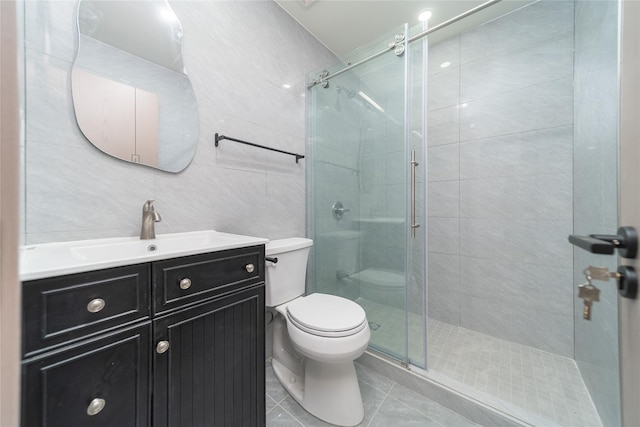 3405 Corporal Kennedy St, Bayside, NY 11361 - full bathroom featuring tile patterned flooring, vanity, toilet, tile walls, and a stall shower