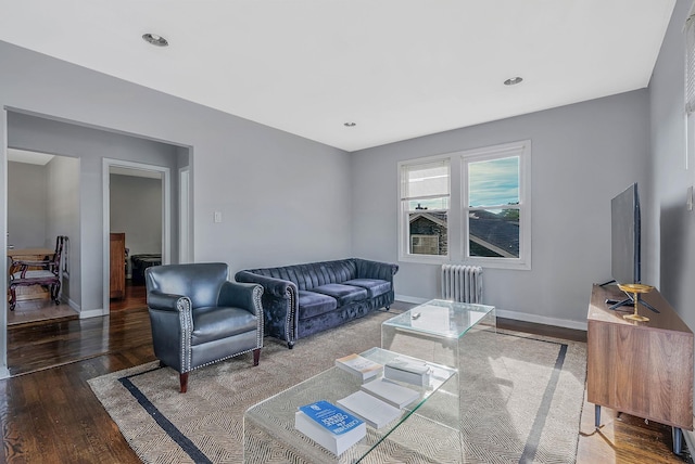 living area featuring radiator heating unit, baseboards, and wood finished floors