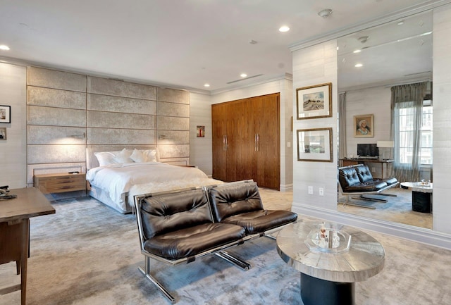 bedroom featuring ornamental molding, recessed lighting, carpet floors, baseboards, and a closet