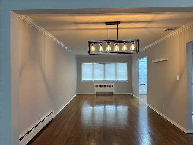 unfurnished dining area featuring a baseboard radiator, radiator heating unit, crown molding, dark wood-style flooring, and visible vents