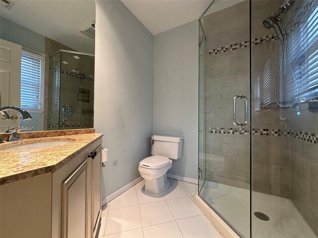 full bathroom with a shower stall, toilet, vanity, and tile patterned floors