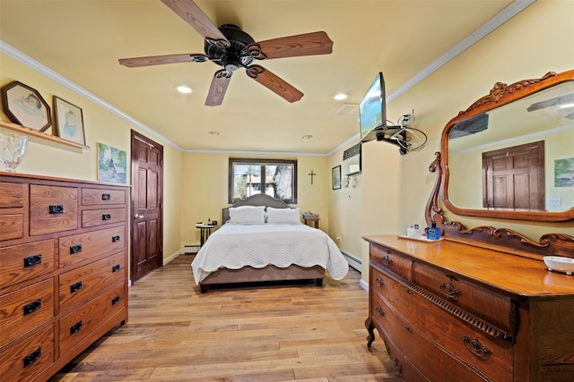 bedroom with a baseboard radiator, recessed lighting, light wood finished floors, ornamental molding, and a ceiling fan