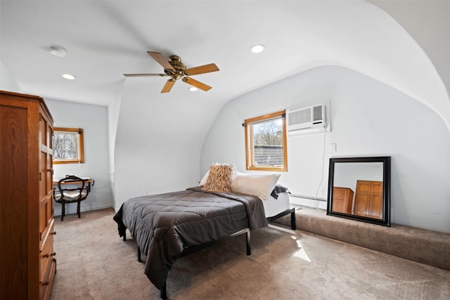 bedroom with recessed lighting, a wall mounted air conditioner, light colored carpet, baseboard heating, and lofted ceiling