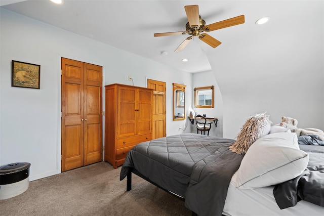 bedroom with baseboards, a closet, recessed lighting, carpet, and a ceiling fan