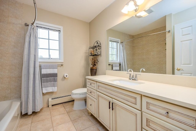 full bathroom with tile patterned flooring, vanity, toilet, shower / bath combo with shower curtain, and a baseboard radiator