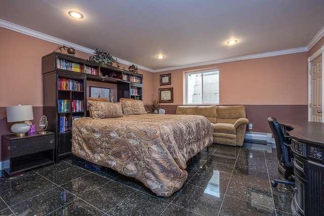 bedroom featuring baseboards, crown molding, granite finish floor, and baseboard heating