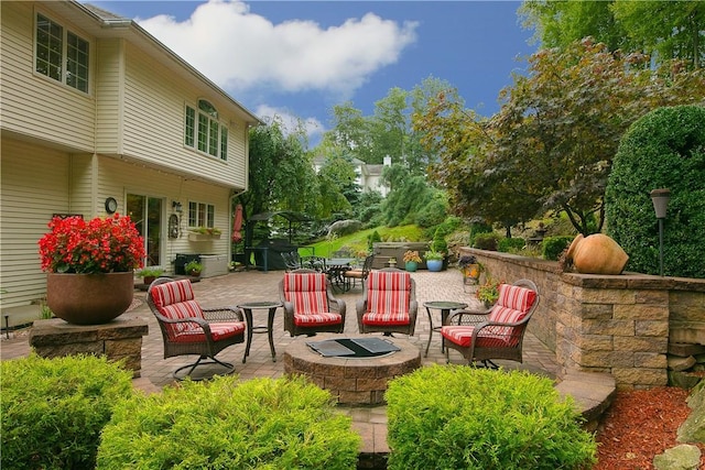 view of yard with a patio and an outdoor fire pit