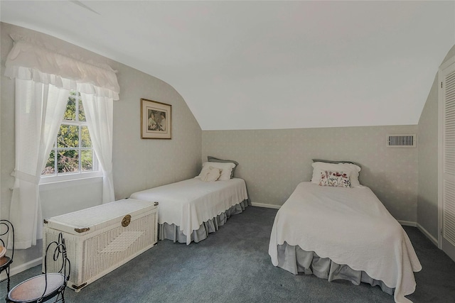 bedroom featuring dark carpet, visible vents, baseboards, radiator, and vaulted ceiling