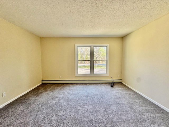 unfurnished room featuring carpet floors, a textured ceiling, and a baseboard radiator