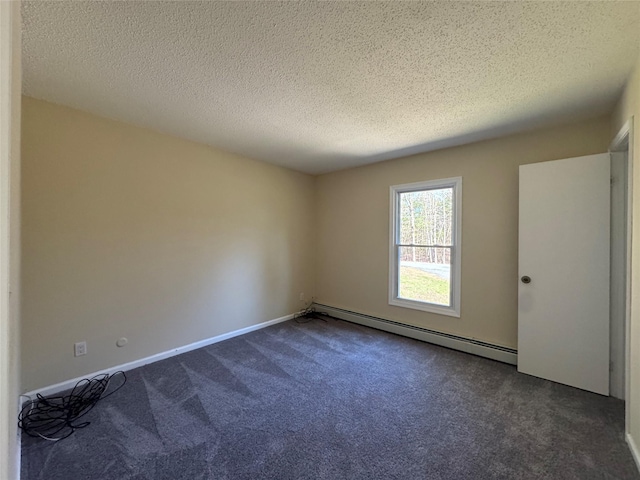 unfurnished room featuring dark colored carpet, a textured ceiling, and a baseboard radiator