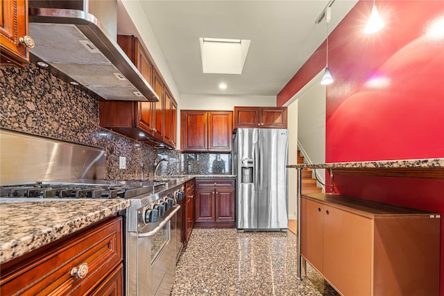 120-06 Riviera Ct Unit 17B, College Point, NY 11356 - kitchen with appliances with stainless steel finishes, wall chimney range hood, granite tiled floors, tasteful backsplash, and decorative light fixtures