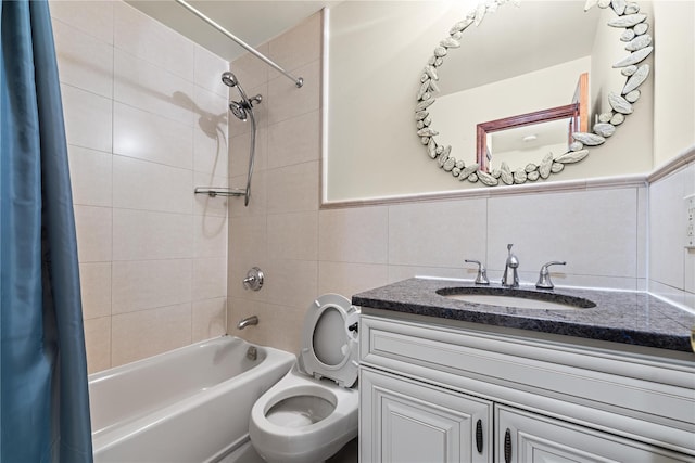 120-06 Riviera Ct Unit 17B, College Point, NY 11356 - bathroom featuring shower / bath combo, vanity, tile walls, and toilet