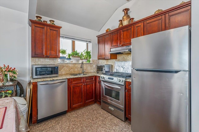 6147 Grand Ave, Maspeth, NY 11378 - kitchen with stainless steel appliances, under cabinet range hood, vaulted ceiling, backsplash, and a sink