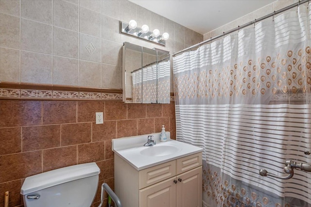 6147 Grand Ave, Maspeth, NY 11378 - bathroom featuring toilet, a shower with curtain, tile walls, and vanity