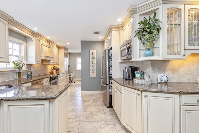 kitchen featuring backsplash, visible vents, appliances with stainless steel finishes, baseboards, and premium range hood