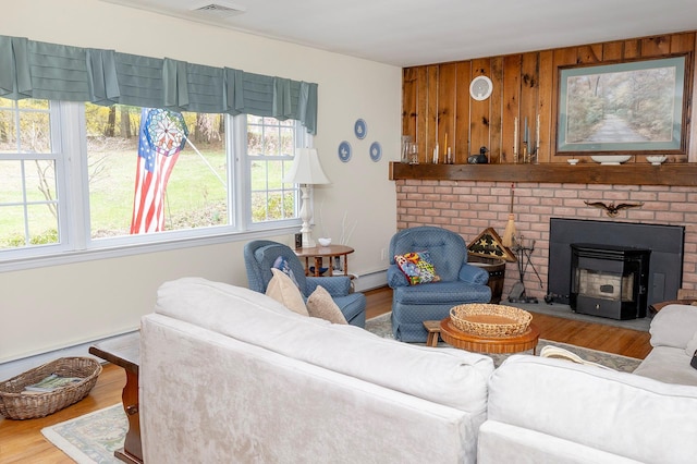 125 Tick Tock Way, Stanfordville, NY 12581 - living room with wood finished floors, baseboard heating, and wood walls