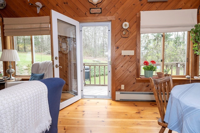 125 Tick Tock Way, Stanfordville, NY 12581 - doorway with baseboard heating, wood finished floors, plenty of natural light, and wood walls