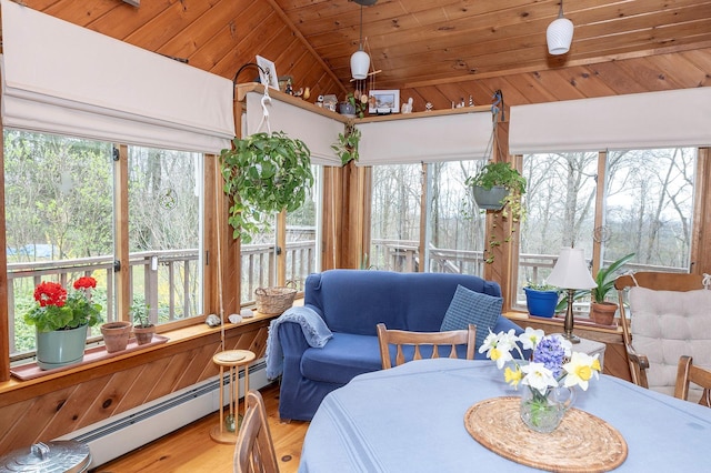 125 Tick Tock Way, Stanfordville, NY 12581 - sunroom / solarium with a baseboard radiator, wooden ceiling, vaulted ceiling, and wood finished floors
